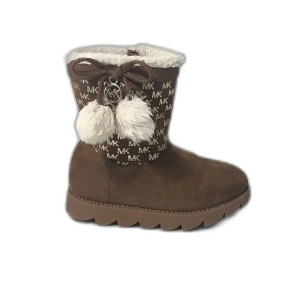MICHAEL KORS Boots Toddler Size 7 Brown Gold MK Logo Pom Poms Payson